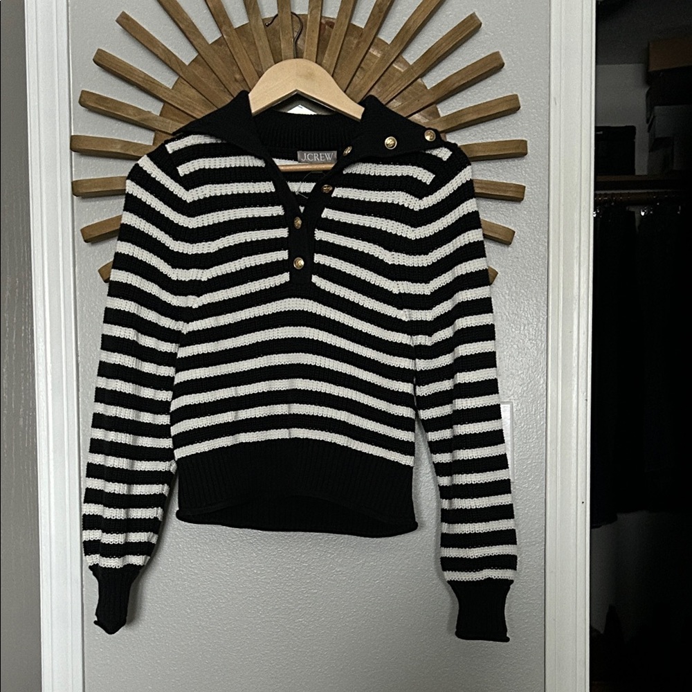 J. Crew Black and Ivory Striped Button Sweater XS